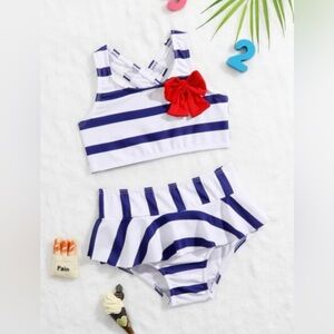 Striped Blue and White with Red Bow Baby Girl Swimsuit